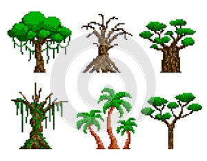 Green pixel trees. A large oak tree with a tropical palm tree and a tall pine tree. Savanna baobab with cedar. Retro 8