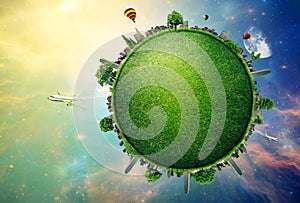 Green planet earth covered with grass city skyline photo