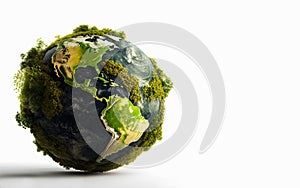 Green planet earth covered in plants and trees with empty white space for text or logo. Ecology, renewable energy, pollution