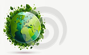 Green planet earth covered in plants and trees with empty white space for text or logo. Ecology, renewable energy, pollution