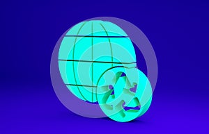 Green Planet earth and a recycling icon isolated on blue background. Environmental concept. Minimalism concept. 3d