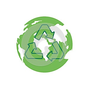 Green planet Earth and a recycling sign on a white background. Environmental concept.
