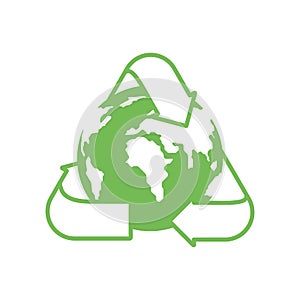 Green planet Earth and a recycling sign on a white background. Environmental concept.