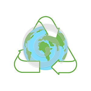 Green planet Earth and a recycling sign on a white background. Environmental concept.