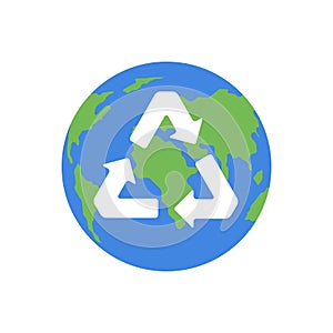 Green planet Earth and a recycling sign on a white background. Environmental concept. Vector illustration