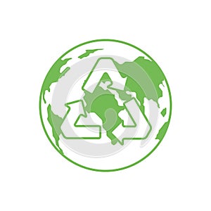 Green planet Earth and a recycling sign on a white background. Environmental concept. Vector illustration