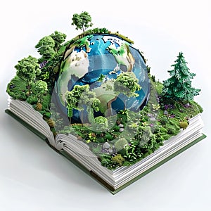 Green planet on open book isolated on white background. 3d illustration