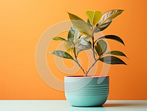 green plant in blue pot on orange background - image libre de droit