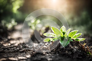 green plant, erupted from metal road surface