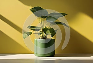 green plant in a green pot sits on a table in front of a yellow wall