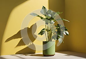 green plant in a green pot is sitting in front of a yellow wall