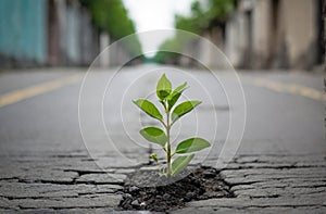 Green plant grow through asphalt
