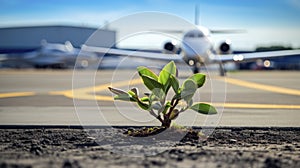 Green plant growing on the airport with a business private jet behind, emphasizing the environmental impact of aviation.