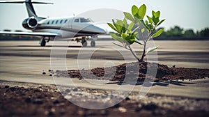 Green plant growing at the airport with a private business jet on the background