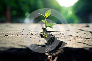 Green plant growing through the cracked concrete road, hope concept