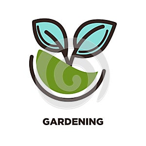 Green plant growing from earth logo design. Two blue leaves