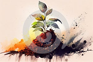 Green plant growing in good soil. Agriculture, organic gardening, planting or ecology concept. Generative illustration