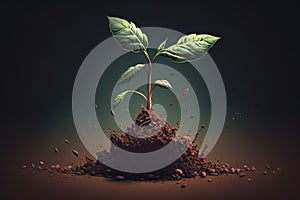 Green plant growing in good soil. Agriculture, organic gardening, planting or ecology concept. Generative illustration