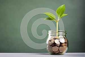 Green plant growing from a jar of coins, copy space. Money, finance, investment concept. AI generated.