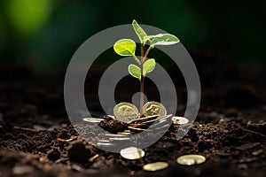 Green plant growing from a stack of coins. Money, finance, investment concept. AI generated