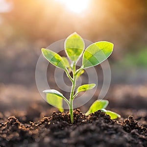 Germinating green plant on earth, blurred background.