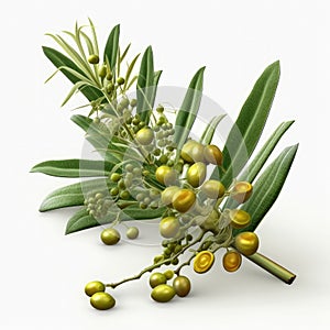 Green plant with leaves and berries. It is placed on top of white background, making it stand out in scene. The plant