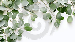 Green plant with leaves and branches, hanging over edge of white background. The plant is covered in small blue berries