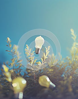Green plant with light bulb on blue background. Inspiration and idea concept.