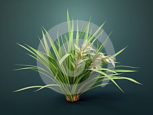 Green plant with long leaves and white flowers. It is placed on top of blue background, creating an interesting