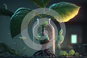 Green plant with roots in a glass jar. Generative AI