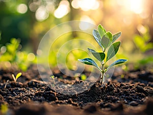Green plant seedling growing on fertile soil with sun light bokeh background Generative AI