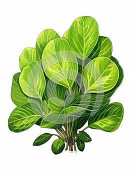 Green plant with several leaves, including some large ones. It is placed on top of white background, making it stand