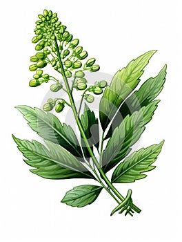 Green plant with several leaves and stem. It is sitting on top of white background, making it stand out in scene. The