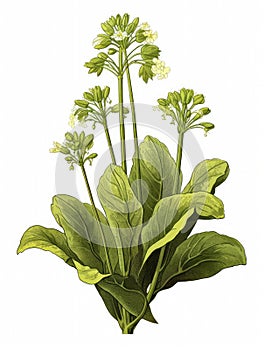 Green plant with several leaves and stem. It is sitting on top of white background, which makes it stand out in