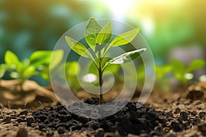 Green plant sprout and Biochar in the soil. Biochar increases the carbon content of the soil, increasing its fertility and