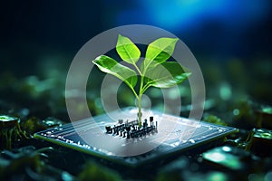 Green Plant Sprout on Computer Chip. A Modern Take on Nature and Technology