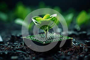 Green Plant Sprout on Computer Chip. A Modern Take on Nature and Technology