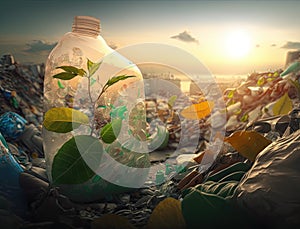 Green plant sprouts through plastic waste on garbage dump, waste recycling concept