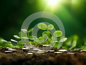 Green plant sprouts on stacks of coins lying on the ground soil, a concept of start-up. AI-Generated