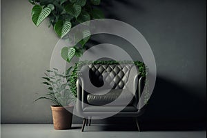 Green plant wall background with leather armchair on empty concrete wall. Generative AI