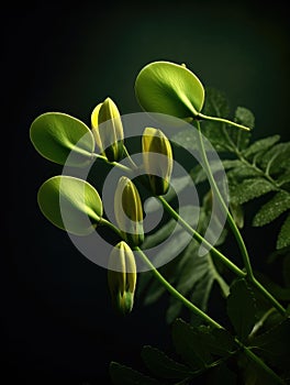 Green plant with yellow flowers on dark background