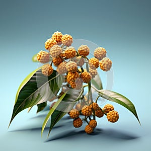 Green plant with yellow fruit, such as oranges. It is placed on top of blue background, creating an interesting