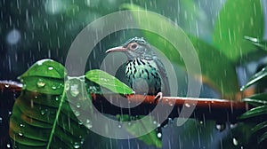 Green plants and a bird in the style of water drops. Generative AI