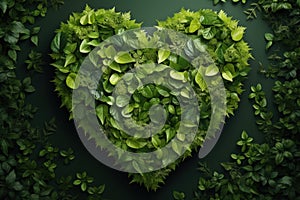 Green plants and different leaves collected in the shape of a heart on dark green background