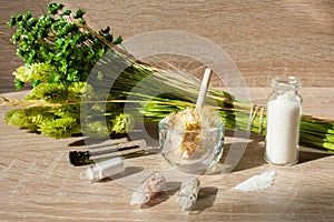 OF GREEN PLANTS ESSENTIAL OIL, THE INGREDIENTS FOR THE SCRUB, SEA SALT. THE CONCEPT OF NATURE COSMETICS