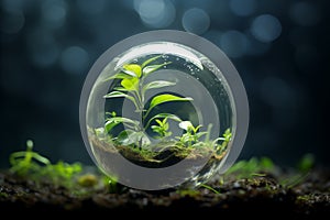 Green plants in a glass ball. The concept of a closed ecosystem and environmental conservation. AI generated.
