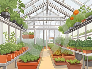 green plants in greenhouse with plants growing in garden