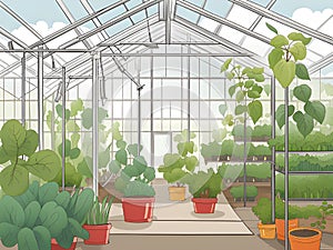 green plants in greenhouse with plants growing in garden
