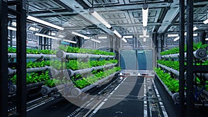 Green plants growing in a futuristic space station or ship. Science fiction interior 3D rendering