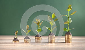 Green plants growing on golden coins. Investment. Profit. Growth. Success